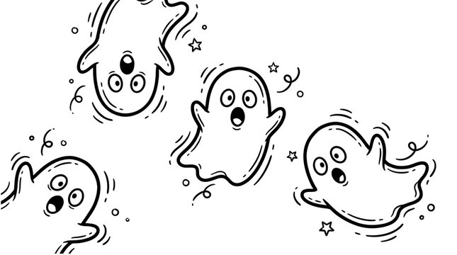 Cute hand drawn ghosts floating with stars in a whimsical black and white illustration