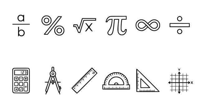 Collection of Math Symbols and Tools Icons Isolated on Transparent Background