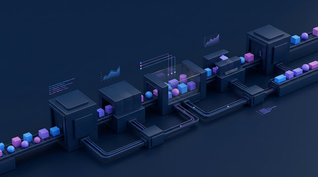 Isometric 3D rendering of an automated factory production line processing data shapes