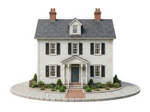 Classic suburban house with a brick walkway isolated on a plain background isolated on transparent background