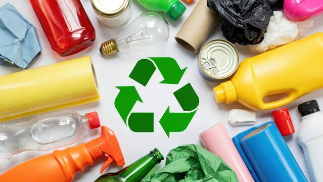 Recycling symbol surrounded by various household waste items