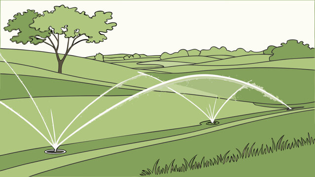 Green landscape vector illustration showing automated irrigation sprinklers watering vast grassy hills under bright daylight in a simple artistic style
