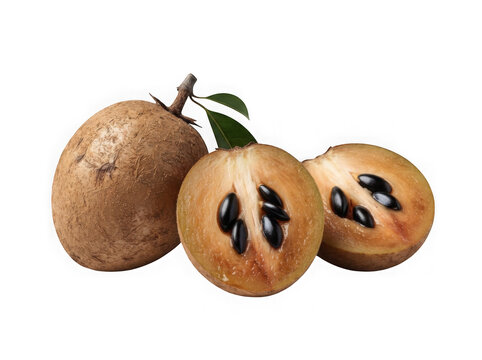 Fresh whole and sliced sapodilla fruit with black seeds on white background isolated on transparent background