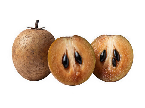 Fresh whole and sliced sapodilla fruit isolated on transparent background isolated on transparent background