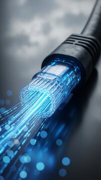 Blue Fiber Optic Light Bursting From Network Cable Connector
