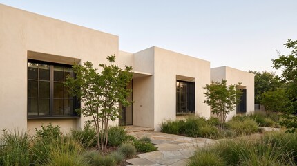 Fototapeta premium Compact stepped-roof minimalist house integrated with a garden