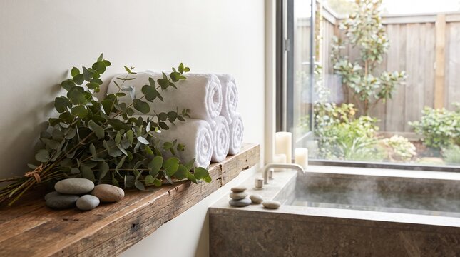Relaxing bathroom interior with steaming hot tub and eucalyptus leaves on wooden shelf.