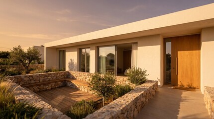 Fototapeta premium Low minimalist bungalow surrounding a sunken courtyard