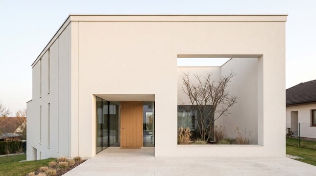 Cube-shaped minimalist house with a carved courtyard
