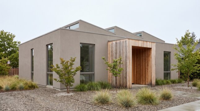 Compact minimalist house with a contemporary sawtooth roof