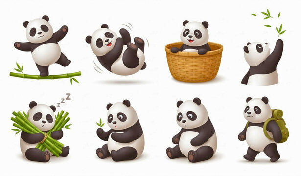 3D Panda Illustration Collection Cute Bamboo Wildlife Characters and Playful Poses Vector Illustration