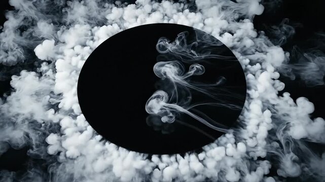Abstract smoke cloud explosion around circle shape on black background