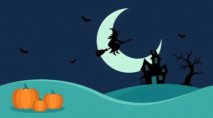 Fototapeta premium Spooky halloween background featuring a witch flying on a broomstick past a crescent moon and haunted house