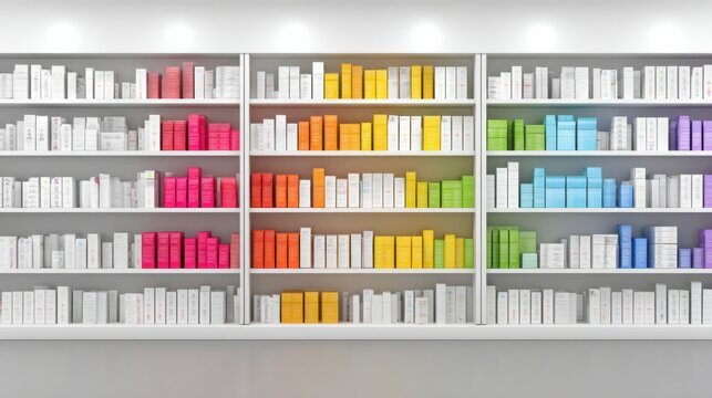 Neatly Arranged Books on Colorful Shelves in a Modern Library or Bookstore Display