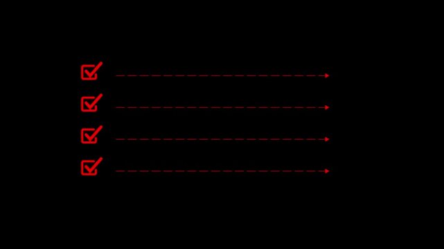 Four red checkmarks with dashed red lines extending to the right on a black background representing a completed checklist or task list