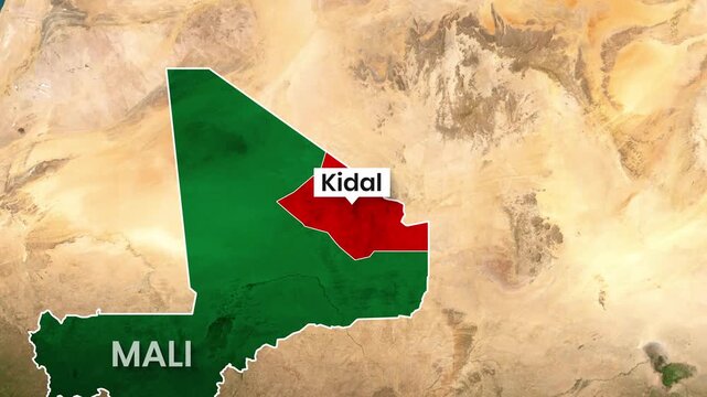 Mali political map highlighting the Kidal region with satellite imagery footage animation