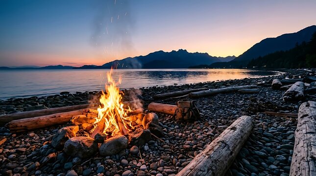 Campfire burning on a rocky beach at sunset by the lake