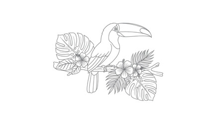 Fototapeta premium Toucan perched on a branch with tropical flowers.
