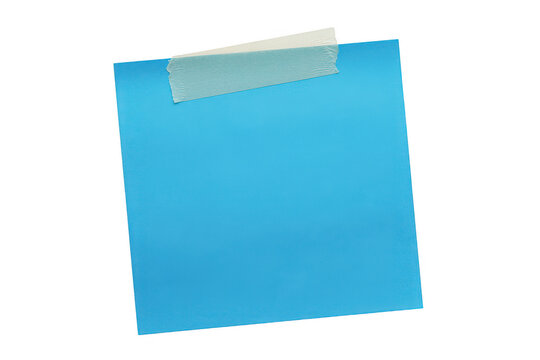 A single blue square sticky note paper attached with a piece of clear adhesive tape, isolated on a black background, for office reminders
