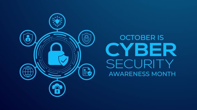 Cybersecurity Awareness Month animation featuring a digital lock, shield, network protection icons, and glowing blue security elements on a dark technology background.