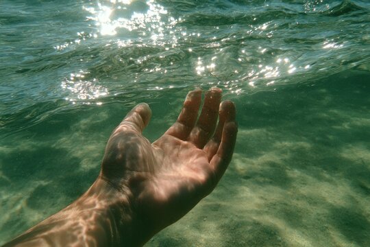 Hand reaching up through clear, sunlit water towards the surface