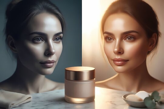 A split-screen advertisement showing a dull, tired face on the left and a vibrant, glowing face on the right after using a product, Ai generated image