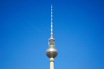 Berlin TV Tower (Fernsehturm) against clear blue sky, Germany © gadalab