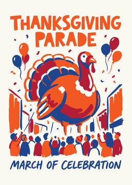 Thanksgiving parade illustration with giant turkey balloon for holiday celebration