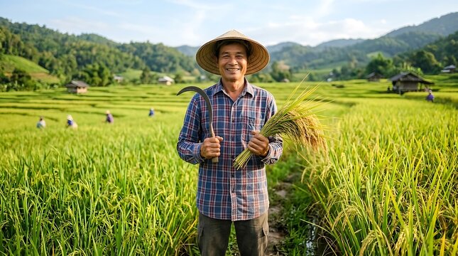 Asian farmer holding rice stalks and sickle in field