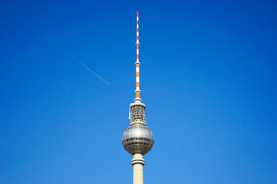 Berlin TV Tower (Fernsehturm) against clear blue sky, Germany