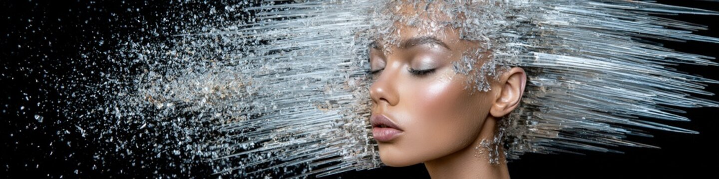 Human face formed by frozen razor sharp crystalline acoustic soundwaves shattering in vacuum with deep black void on the left for copy space.