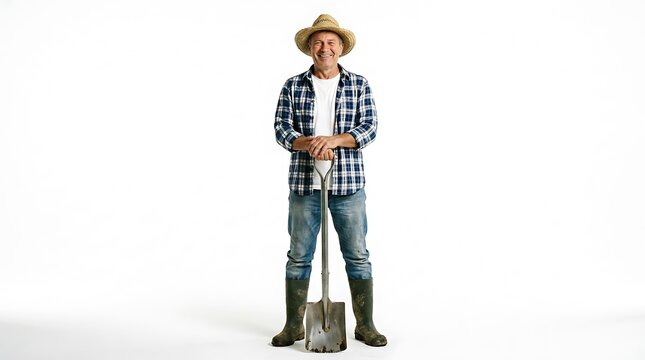 Farmer with shovel isolated on white background