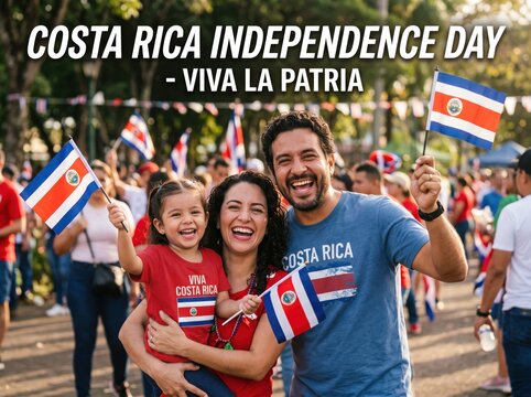 Happy family celebrating costa rica independence day holding small national flags in a crowded outdoor park setting with blue and red colors and joyful expressions