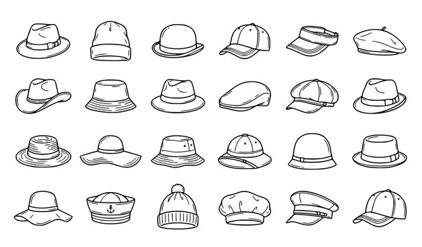 Fashion Hats Caps Hand Drawn Doodle Thin Line Vector Set