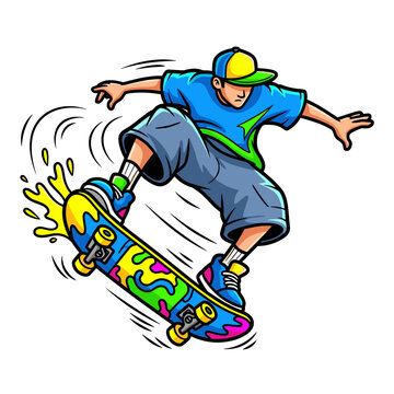 Dynamic Illustration of a Skateboarder Doing a Kickflip