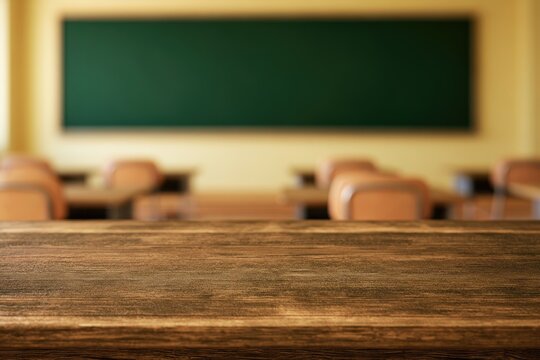 A rustic wooden tabletop in focus, with an empty classroom background