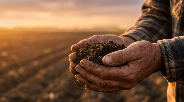 Farmer holding fertile soil in hands at sunset