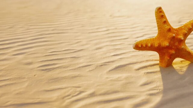 A starfish rests on the sand at a beach. The sun creates a warm light as waves gently affect the surface. The sand has ripples showing signs of recent movement.