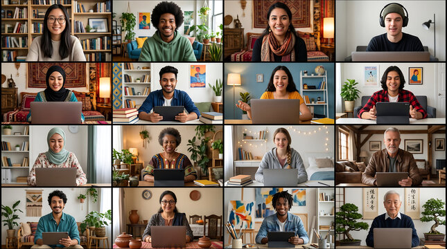Diverse group of people smiling during online meeting grid, each in cozy home office backgrounds.