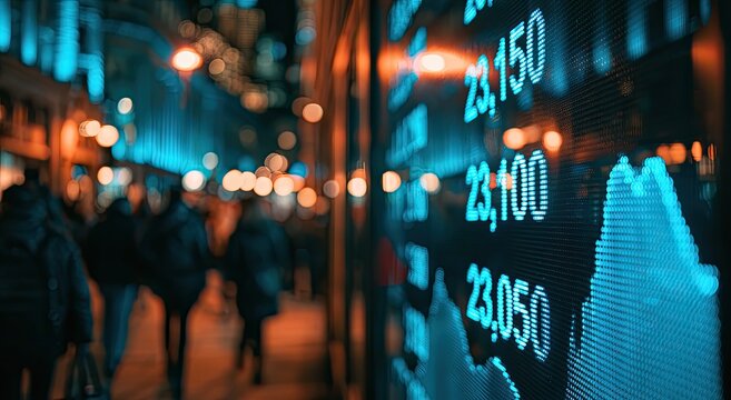 Neon-lit city street at night reflects on a glowing stock market ticker