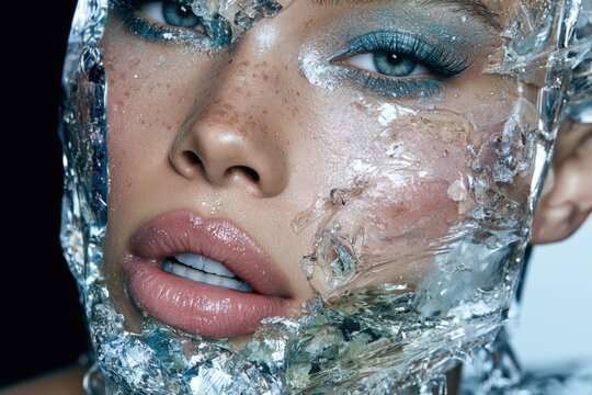 Human face formed by frozen razor sharp crystalline acoustic soundwaves shattering in vacuum with deep black void on the left for copy space.