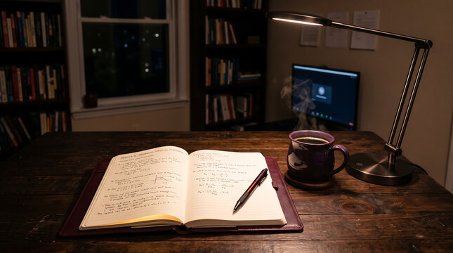 Warm night desk with open notebook, pen, steaming mug, and lamp light in a quiet study room.