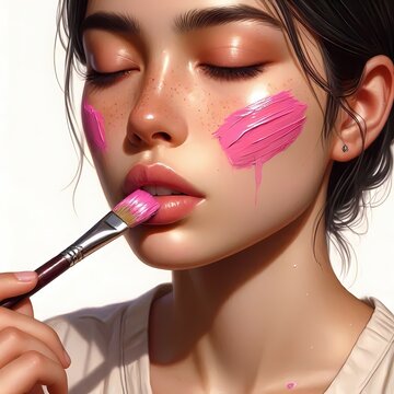 A conceptual portrait of a woman with a paintbrush in her mouth, painting a colorful stroke across her own cheek, Ai generated image