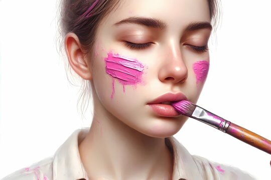 A conceptual portrait of a woman with a paintbrush in her mouth, painting a colorful stroke across her own cheek, Ai generated image