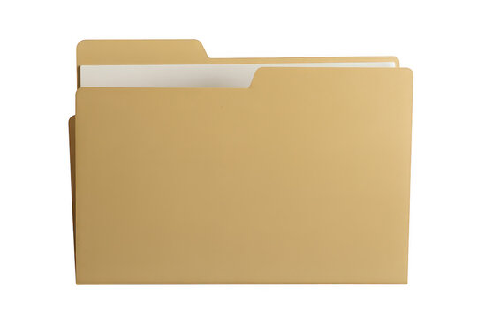 A single tan colored paper file folder containing white documents, isolated on a white background, for office and, business use