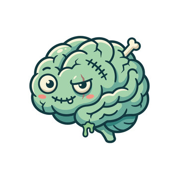 Cartoon zombie brain character with bone and stitches for Halloween isolated mascot