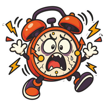 Funny cartoon red alarm clock character running with panic expression and energy sparks isolated
