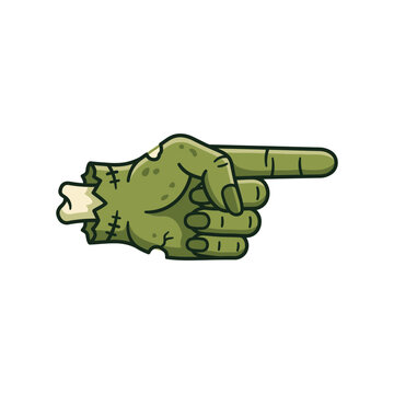 Green zombie hand pointing right for Halloween theme isolated on transparent background.