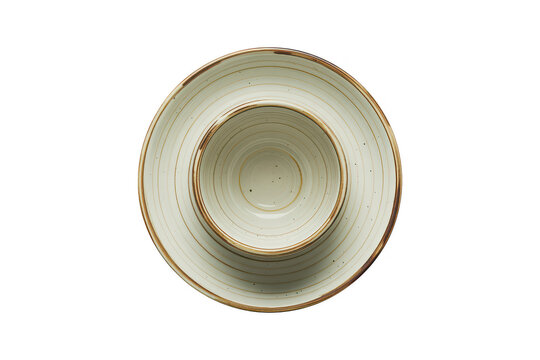 A down view of a light beige ceramic bowl centered on a matching round plate, featuring subtle circular grooves on a black background