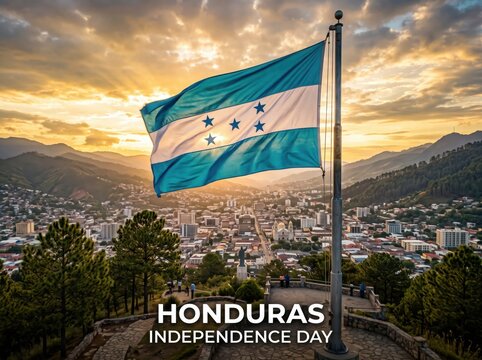 Honduras national flag waving on a metal pole overlooking a sprawling city nestled in a mountain valley during a golden sunset with soft clouds in the sky